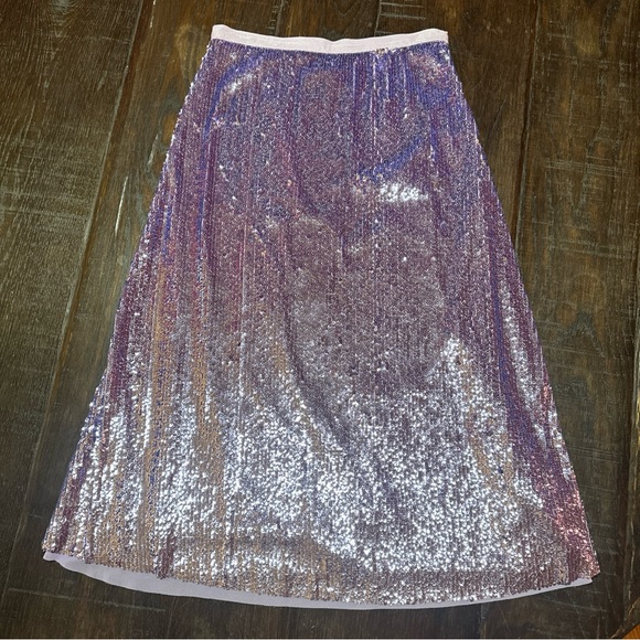 LE SUPERBE Tiny Dancer Lilac Sequin Chiffon Hem Lined Midi Skirt Zip Sz 4 - Picture 7 of 9